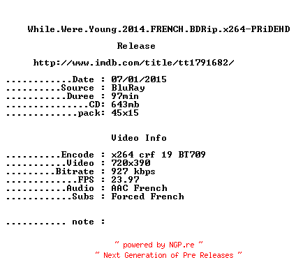 NFO for the release While.Were.Young.2014.FRENCH.BDRip.x264-PRiDEHD by PRiDEHD
