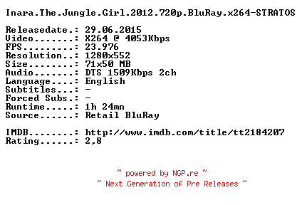 NFO for the release Inara.The.Jungle.Girl.2012.720p.BluRay.x264-STRATOS by STRATOS