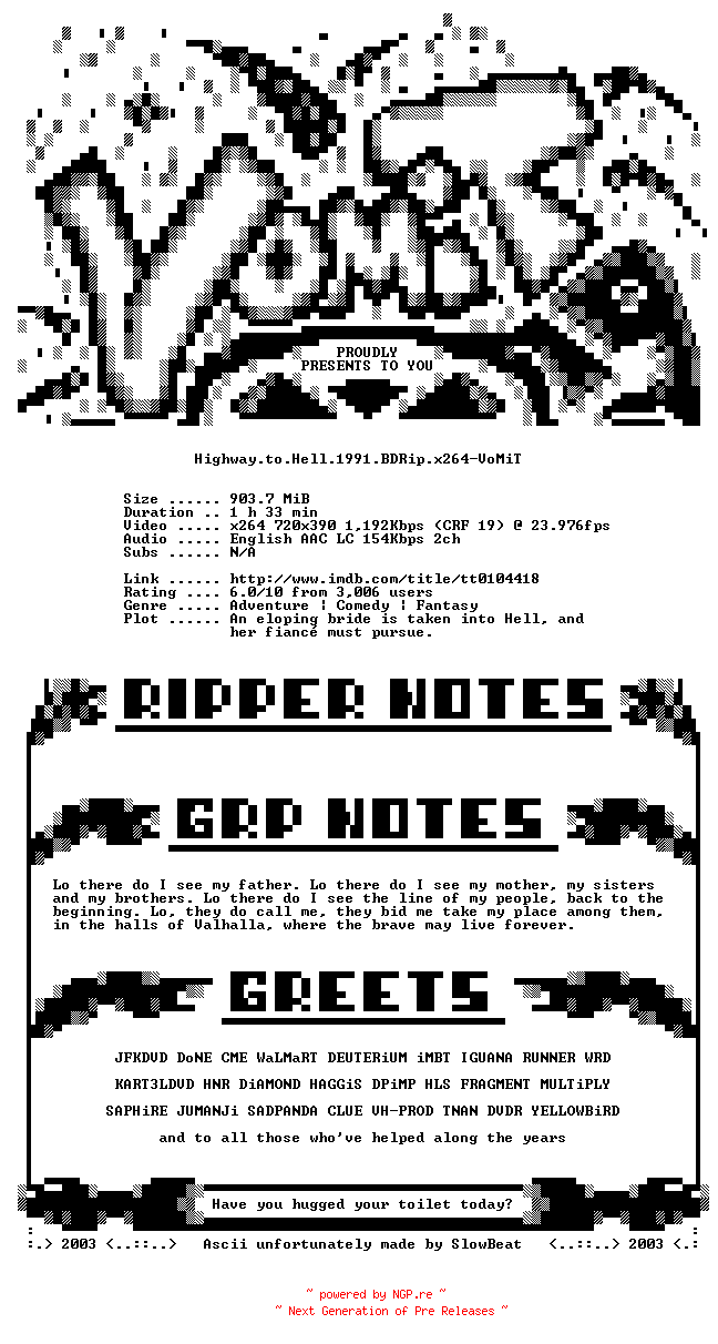NFO for the release Highway.to.Hell.1991.BDRip.x264-VoMiT by VoMiT