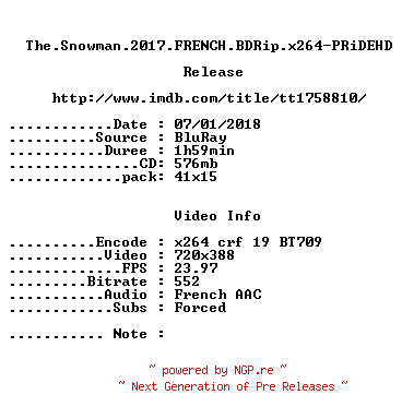 NFO for the release The.Snowman.2017.FRENCH.BDRip.x264-PRiDEHD by PRiDEHD