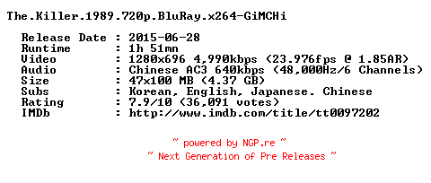 NFO for the release The.Killer.1989.720p.BluRay.x264-GiMCHi by GiMCHi