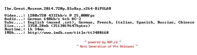 NFO for the release The.Great.Museum.2014.720p.BluRay.x264-BiPOLAR by BiPOLAR