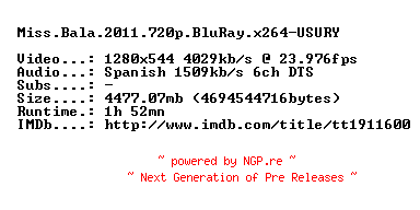 NFO for the release Miss.Bala.2011.720p.BluRay.x264-USURY by USURY