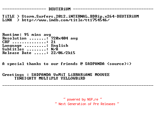 NFO for the release Storm.Surfers.2012.iNTERNAL.BDRip.x264-DEUTERiUM by DEUTERiUM