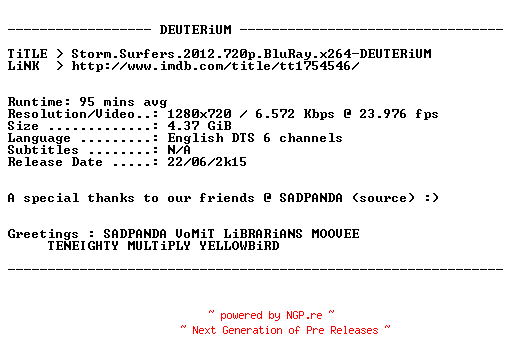 NFO for the release Storm.Surfers.2012.720p.BluRay.x264-DEUTERiUM by DEUTERiUM