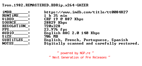 NFO for the release Tron.1982.REMASTERED.BDRip.x264-GAZER by GAZER