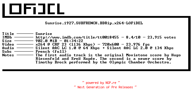 NFO for the release Sunrise.1927.SUBFRENCH.BDRip.x264-LOFiDEL by LOFiDEL