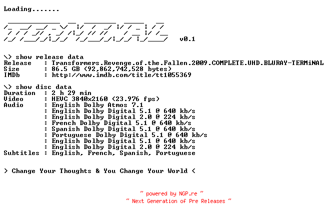 NFO for the release Transformers.Revenge.of.the.Fallen.2009.COMPLETE.UHD.BLURAY-TERMiNAL by TERMiNAL