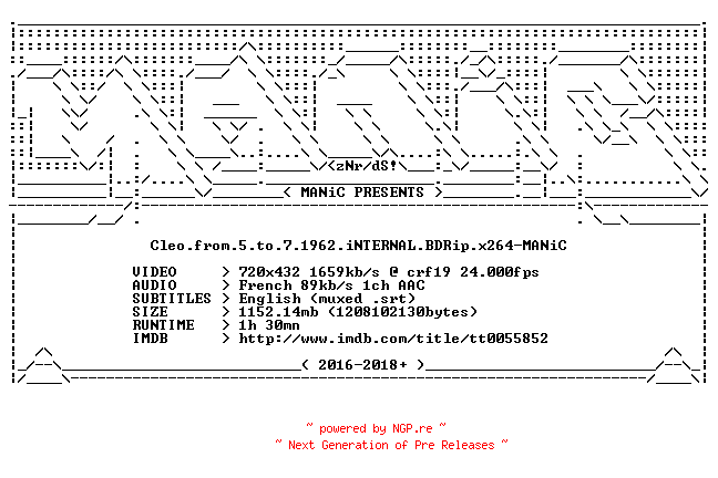 NFO for the release Cleo.from.5.to.7.1962.iNTERNAL.BDRip.x264-MANiC by MANiC
