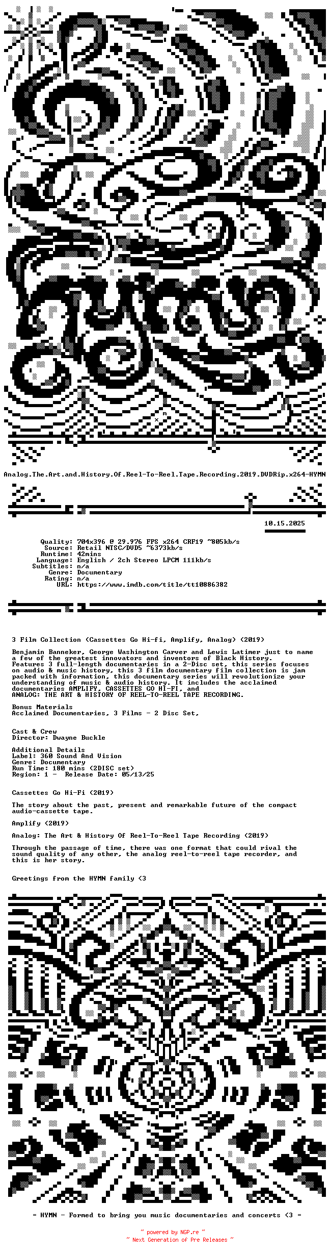 NFO for the release Analog.The.Art.and.History.Of.Reel-To-Reel.Tape.Recording.2019.DVDRip.x264-HYMN by HYMN