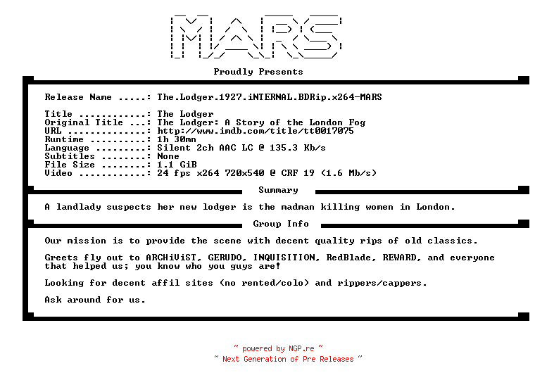 NFO for the release The.Lodger.1927.iNTERNAL.BDRip.x264-MARS by MARS