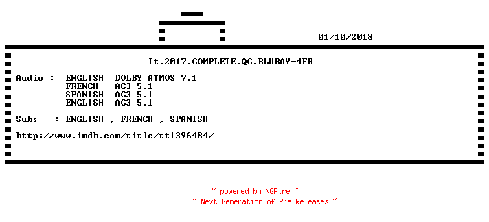 NFO for the release It.2017.COMPLETE.QC.BLURAY-4FR by 4FR
