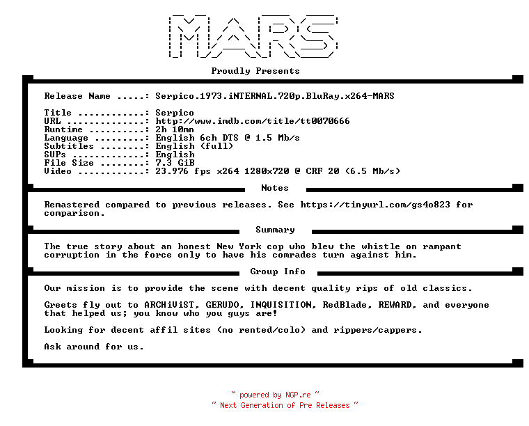 NFO for the release Serpico.1973.iNTERNAL.720p.BluRay.x264-MARS by MARS