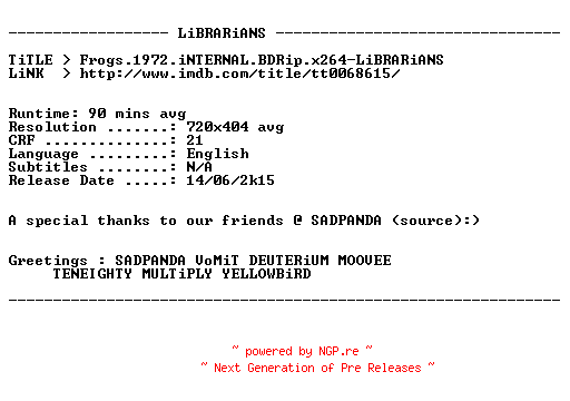 NFO for the release Frogs.1972.iNTERNAL.BDRip.x264-LiBRARiANS by LiBRARiANS