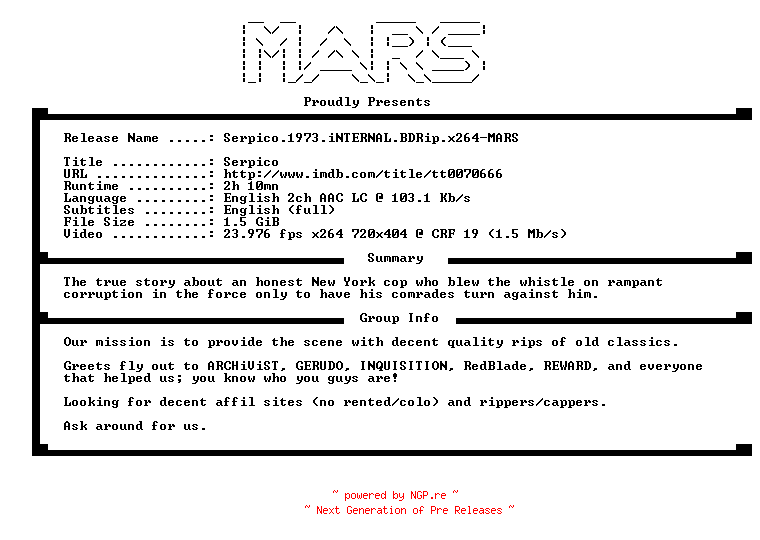 NFO for the release Serpico.1973.iNTERNAL.BDRip.x264-MARS by MARS
