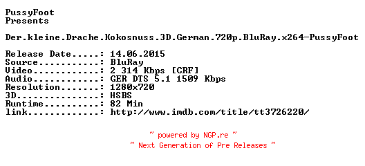 NFO for the release Der.kleine.Drache.Kokosnuss.3D.German.720p.BluRay.x264-PussyFoot by PussyFoot