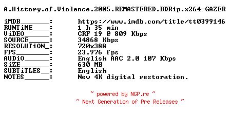 NFO for the release A.History.of.Violence.2005.REMASTERED.BDRip.x264-GAZER by GAZER