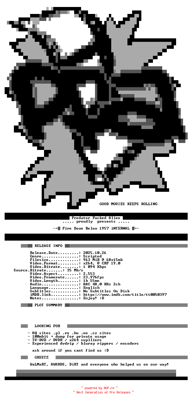 NFO for the release Fire.Down.Below.1957.iNTERNAL.DVDRip.x264-PFa by PFa