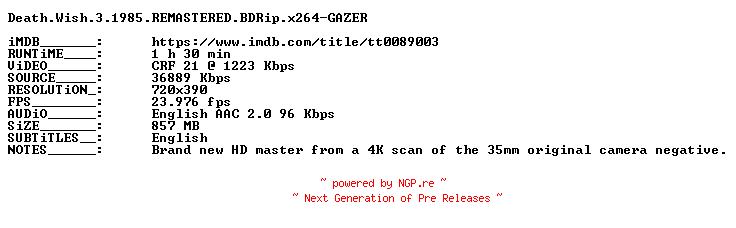 NFO for the release Death.Wish.3.1985.REMASTERED.BDRip.x264-GAZER by GAZER