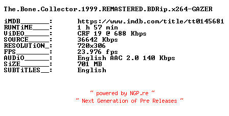 NFO for the release The.Bone.Collector.1999.REMASTERED.BDRip.x264-GAZER by GAZER