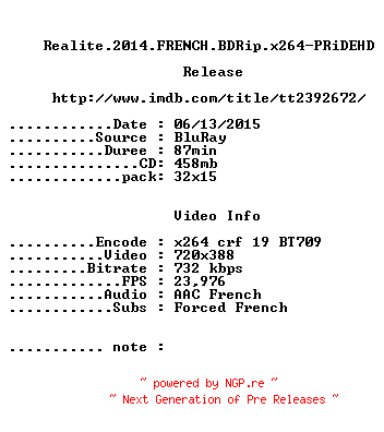 NFO for the release Realite.2014.FRENCH.BDRip.x264-PRiDEHD by PRiDEHD