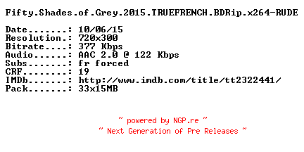 NFO for the release Fifty.Shades.of.Grey.2015.TRUEFRENCH.BDRip.x264-RUDE by RUDE