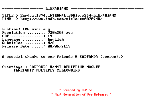 NFO for the release Zardoz.1974.iNTERNAL.BDRip.x264-LiBRARiANS by LiBRARiANS