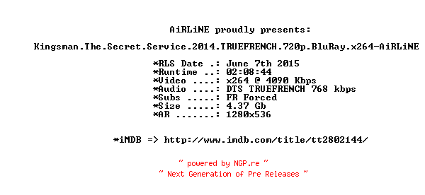 NFO for the release Kingsman.The.Secret.Service.2014.TRUEFRENCH.720p.BluRay.x264-AiRLiNE by AiRLiNE