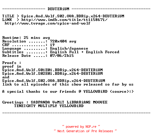 NFO for the release Spice.And.Wolf.S02.OVA.BDRip.x264-DEUTERiUM by DEUTERiUM
