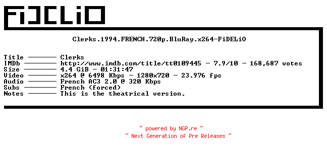 NFO for the release Clerks.1994.FRENCH.720p.BluRay.x264-FiDELiO by FiDELiO