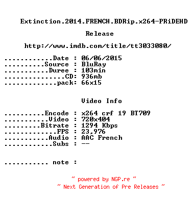 NFO for the release Extinction.2014.FRENCH.BDRip.x264-PRiDEHD by PRiDEHD