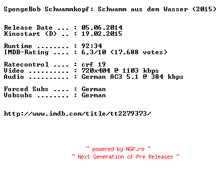 NFO for the release SpongeBob.Schwammkopf.Schwamm.aus.dem.Wasser.German.2015.BDRiP.x264-EXQUiSiTE by EXQUiSiTE