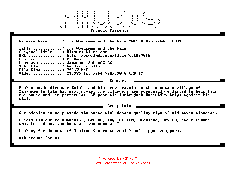 NFO for the release The.Woodsman.and.the.Rain.2011.BDRip.x264-PHOBOS by PHOBOS