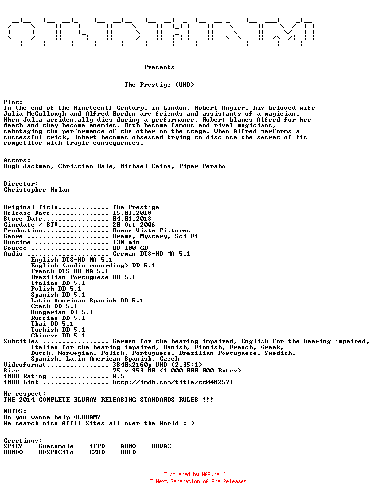 NFO for the release The.Prestige.2006.COMPLETE.UHD.BLURAY-OLDHAM by OLDHAM
