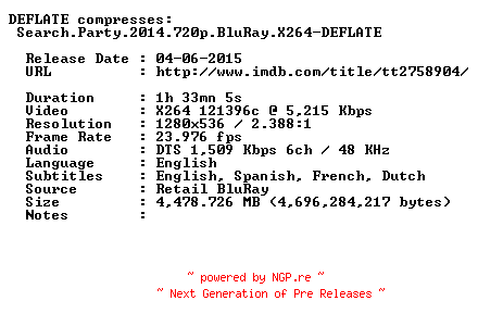 NFO for the release Search.Party.2014.720p.BluRay.X264-DEFLATE by DEFLATE