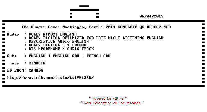 NFO for the release The.Hunger.Games.Mockingjay.Part.1.2014.COMPLETE.QC.BLURAY-4FR by 4FR