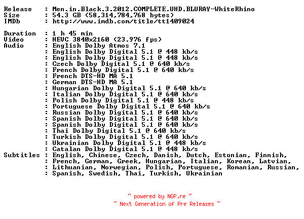 NFO for the release Men.in.Black.3.2012.COMPLETE.UHD.BLURAY-WhiteRhino by WhiteRhino