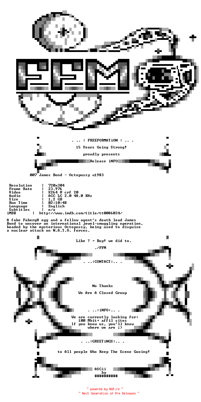 NFO for the release 007.James.Bond.1983.Octopussy.iNTERNAL.BDRip.x264-FFM by FFM