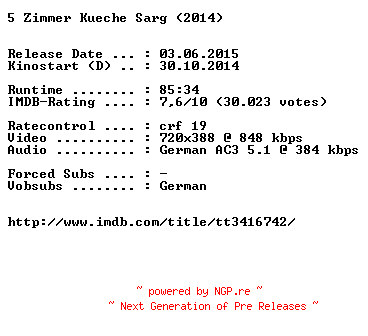 NFO for the release 5.Zimmer.Kueche.Sarg.German.2014.BDRiP.x264-EXQUiSiTE by EXQUiSiTE