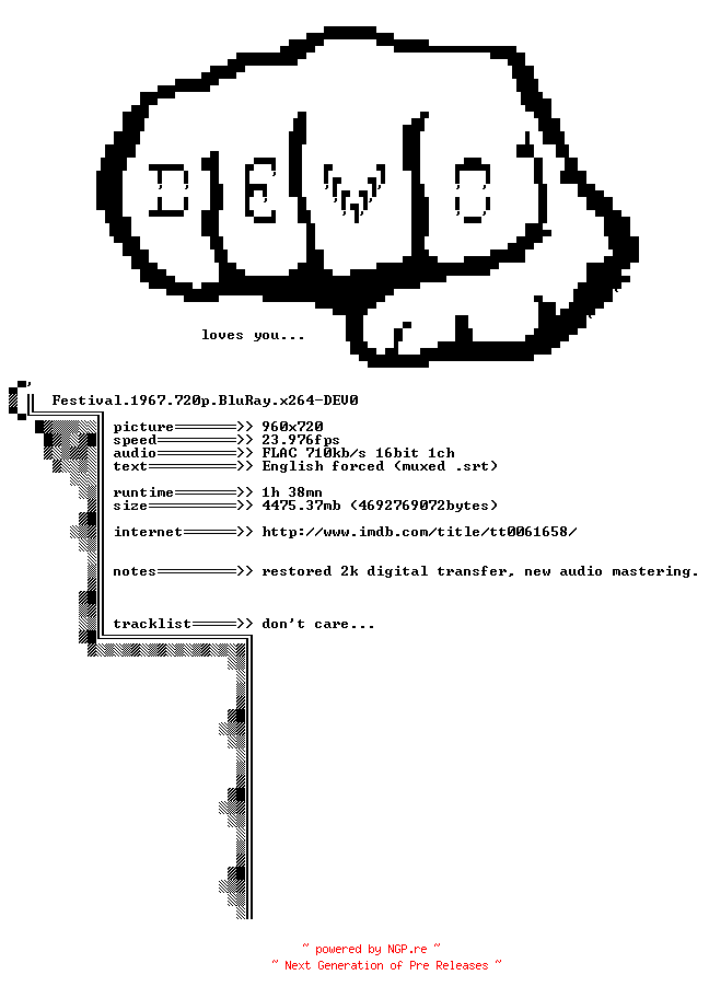 NFO for the release Festival.1967.720p.BluRay.x264-DEV0 by DEV0