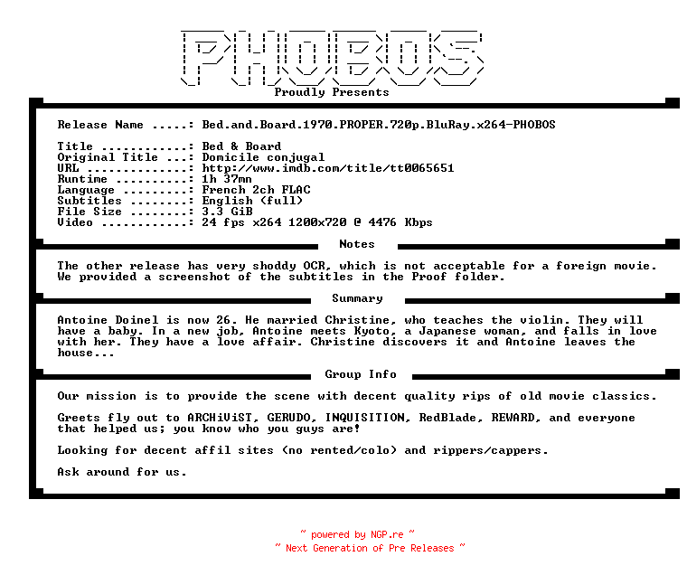 NFO for the release Bed.and.Board.1970.PROPER.720p.BluRay.x264-PHOBOS by PHOBOS