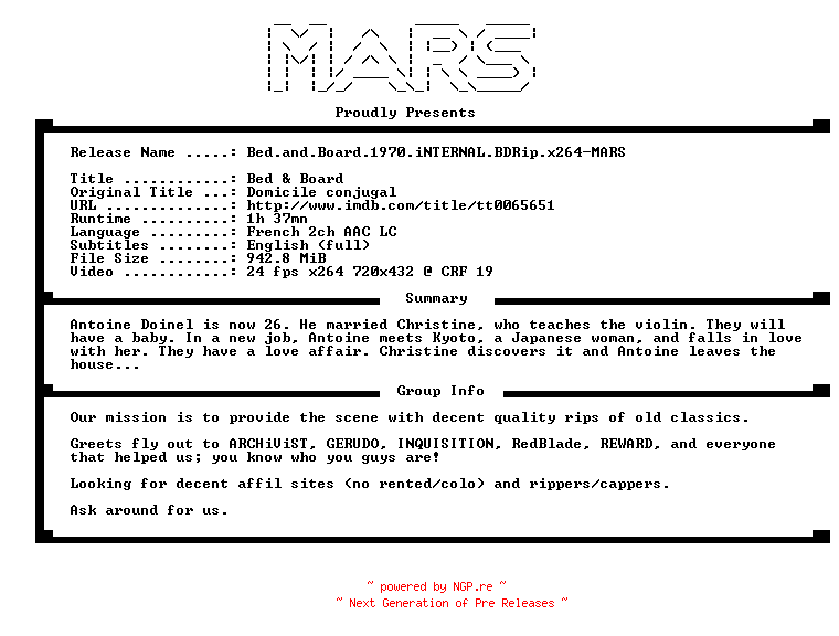 NFO for the release Bed.and.Board.1970.iNTERNAL.BDRip.x264-MARS by MARS