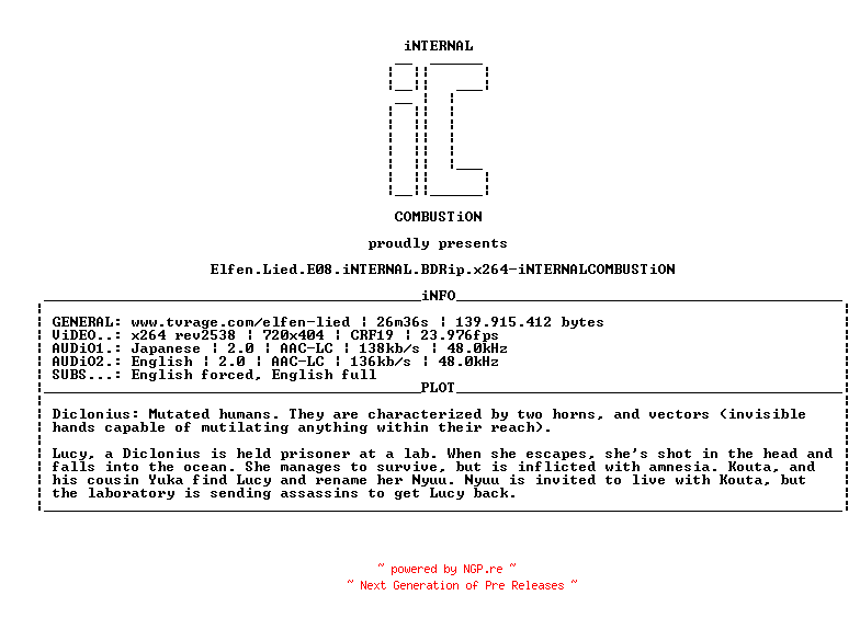 NFO for the release Elfen.Lied.E08.iNTERNAL.BDRip.x264-iNTERNALCOMBUSTiON by iNTERNALCOMBUSTiON