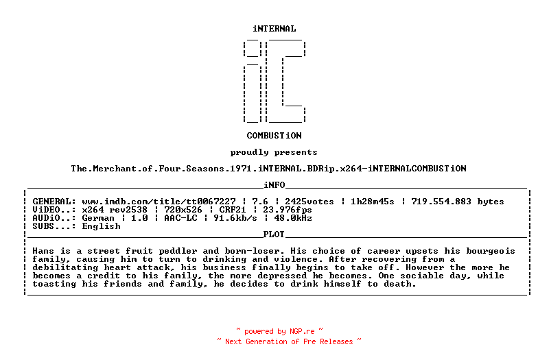 NFO for the release The.Merchant.of.Four.Seasons.1971.iNTERNAL.BDRip.x264-iNTERNALCOMBUSTiON by iNTERNALCOMBUSTiON