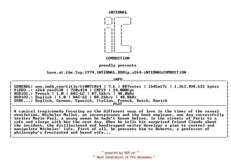 NFO for the release Love.at.the.Top.1974.iNTERNAL.BDRip.x264-iNTERNALCOMBUSTiON by iNTERNALCOMBUSTiON