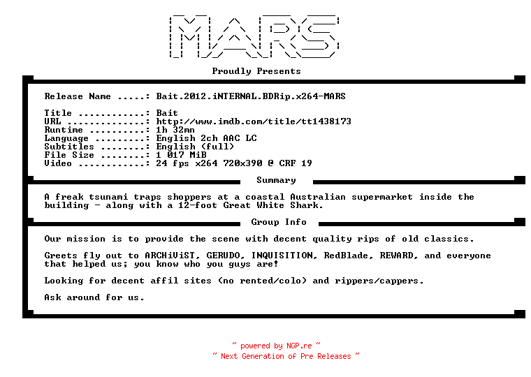 NFO for the release Bait.2012.iNTERNAL.BDRip.x264-MARS by MARS