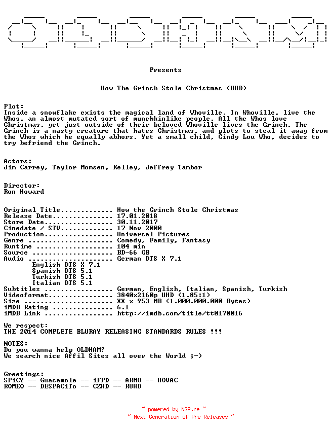 NFO for the release How.The.Grinch.Stole.Christmas.2000.MULTi.COMPLETE.UHD.BLURAY-OLDHAM by OLDHAM