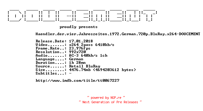 NFO for the release Haendler.der.vier.Jahreszeiten.1972.German.720p.BluRay.x264-DOUCEMENT by DOUCEMENT