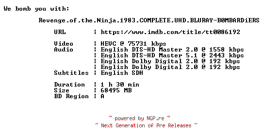 NFO for the release Revenge.of.the.Ninja.1983.COMPLETE.UHD.BLURAY-B0MBARDiERS by B0MBARDiERS