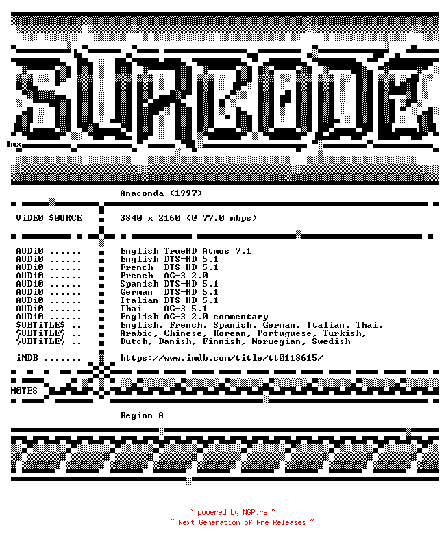 NFO for the release Anaconda.1997.COMPLETE.UHD.BLURAY-SURCODE by SURCODE